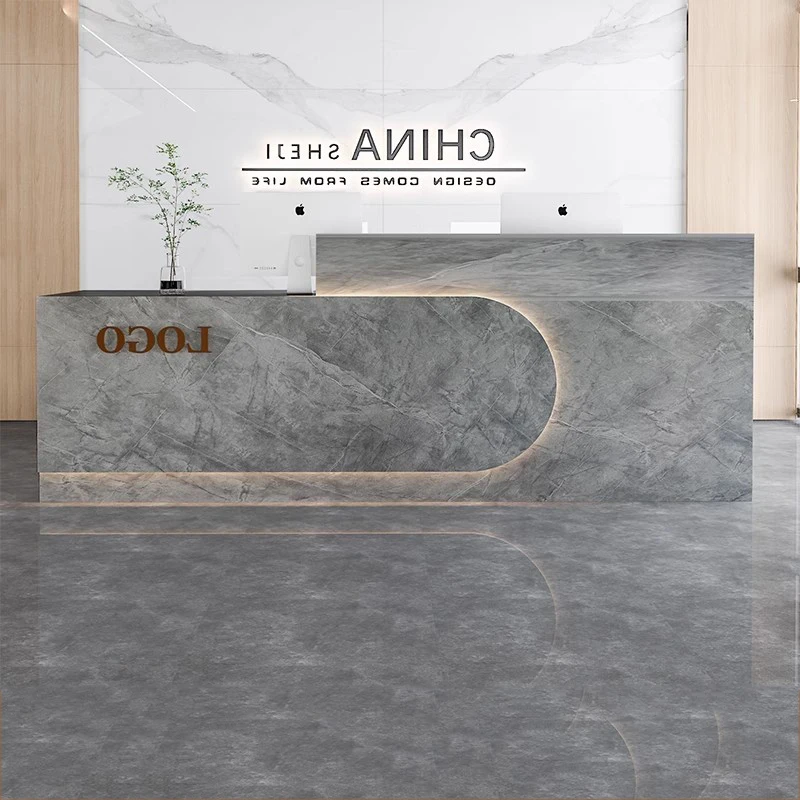 Braune Luxus-Empfangsschreibtische mit Stauraum, günstiges Design, moderne weiße Empfangsschreibtische, Schublade, klassische Empfangs, Tresen-Büromöbel