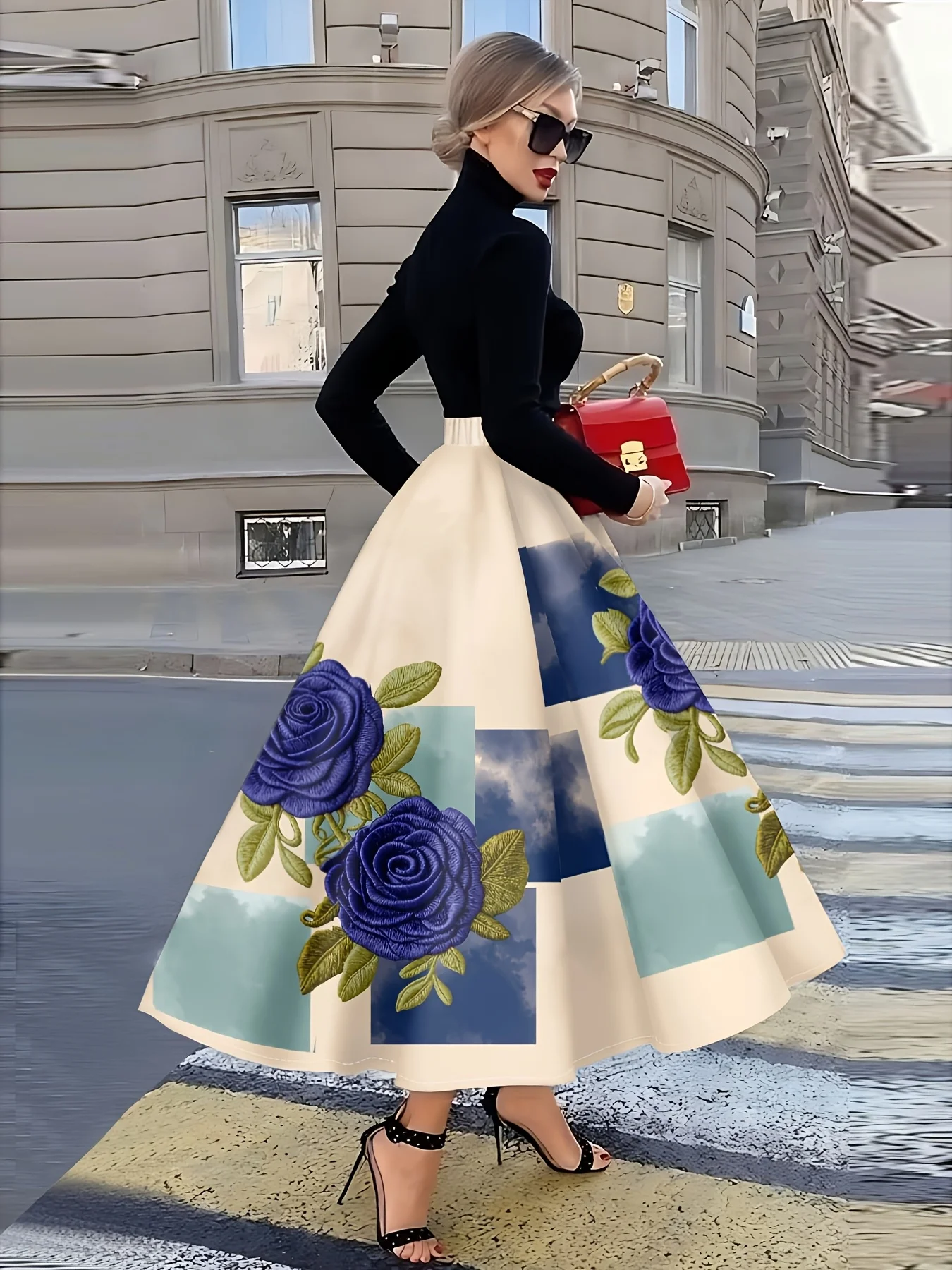 Elegant Women Midi Skirt with Rose Embroidery and Floral Print A Line High Waist Pleated Summer Office Party Skirt for Ladies