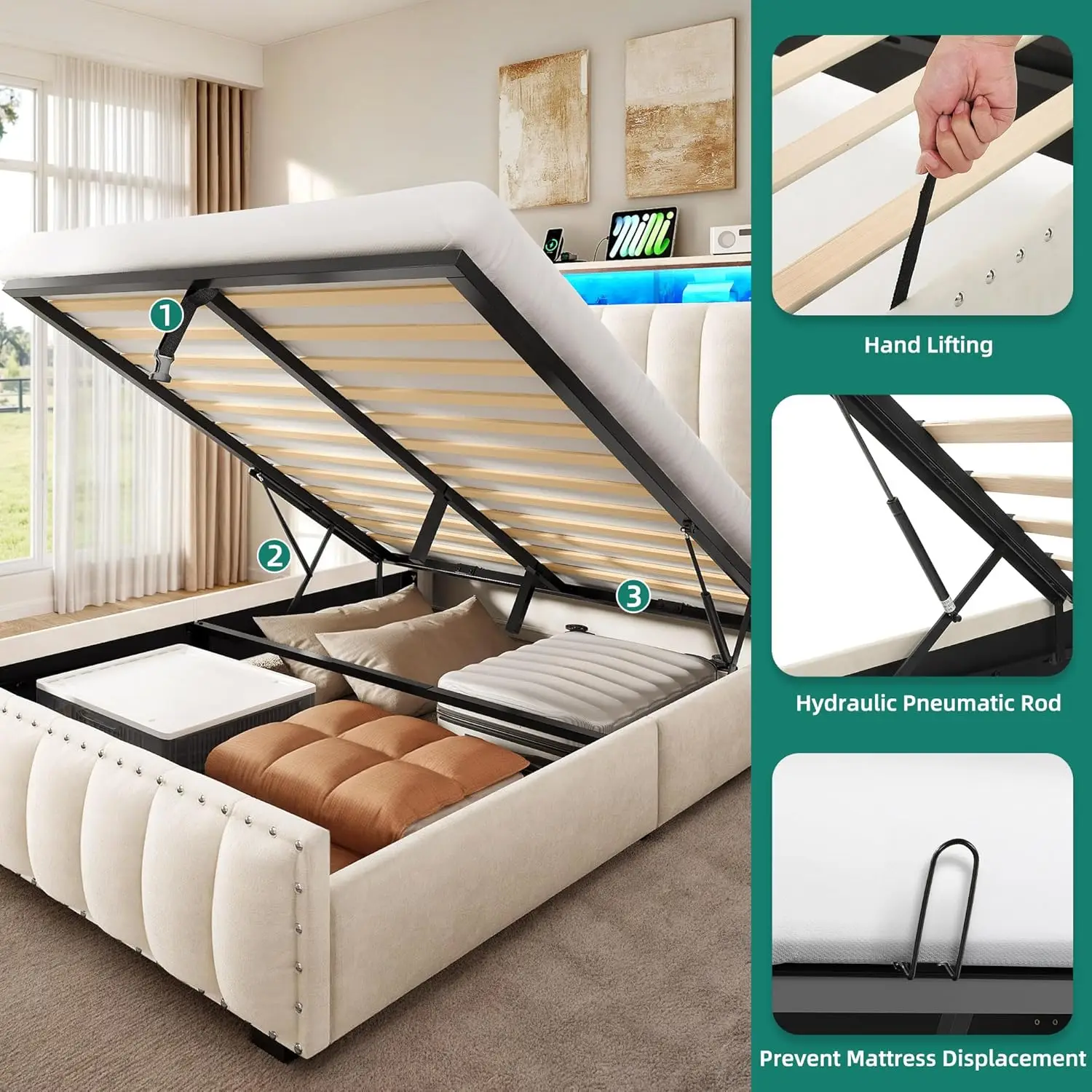 إطار سرير للتخزين مع محطة شحن سرير بمنصة منجدة مخملية مع أضواء RGB LED للتخزين اللوح الأمامي Wingback R