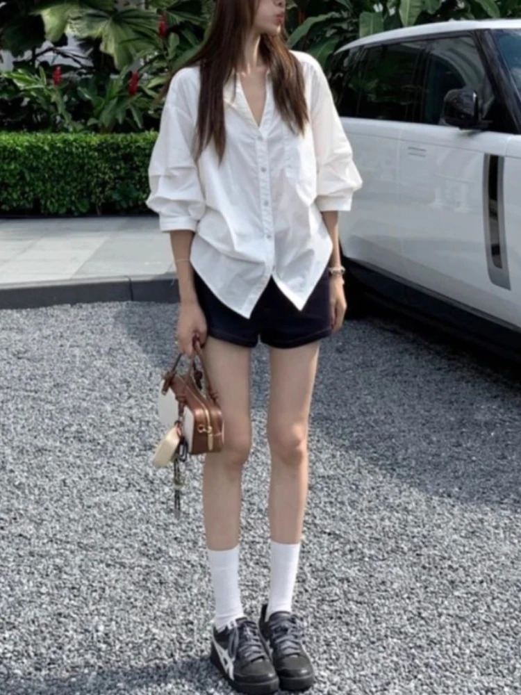 韓国風シックルーズシャツVネックホワイトブラウス女性カジュアルエレガントオフィスレディハーフスリーブブラウス女性夏秋ルーズトップス