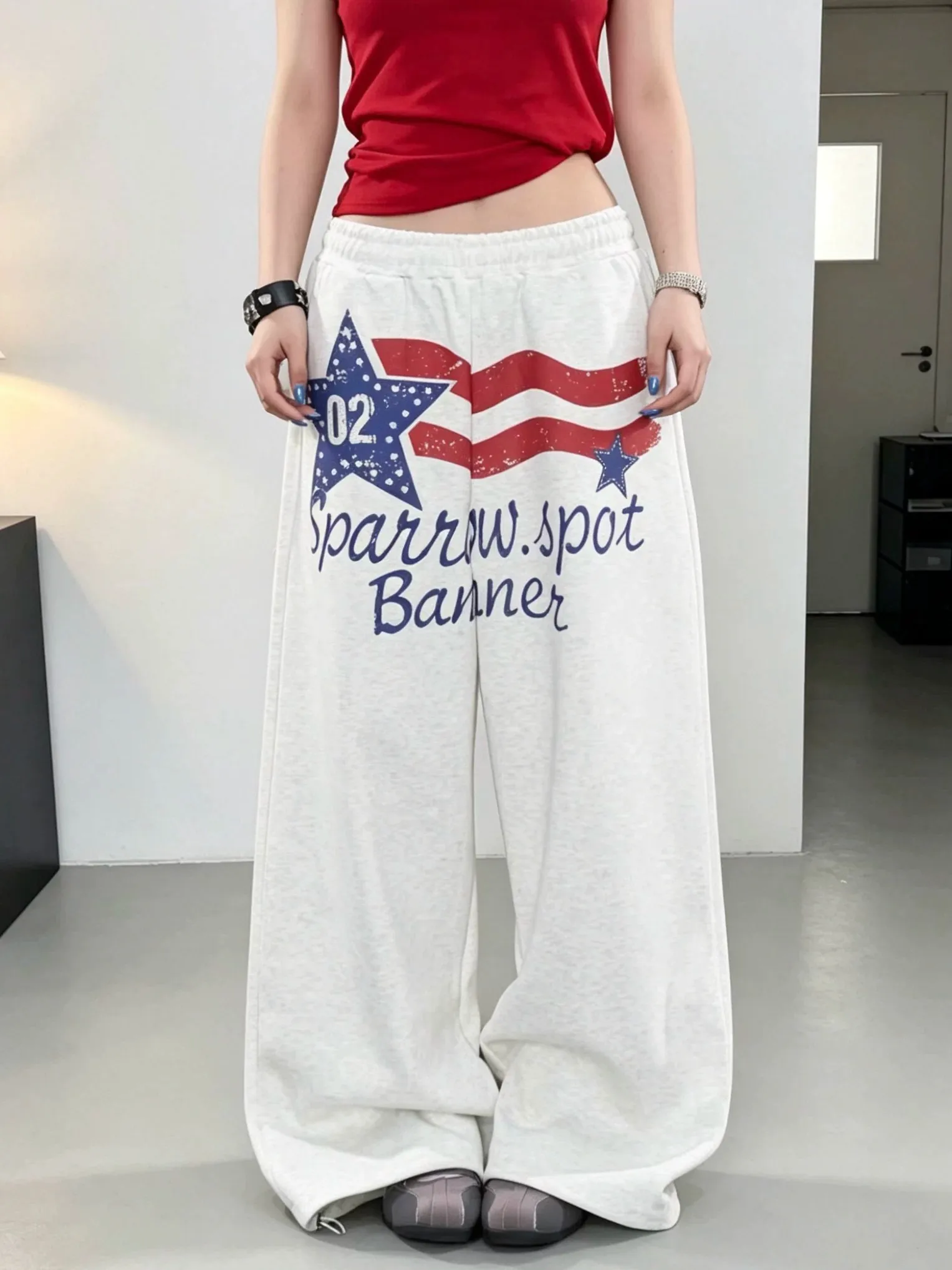 American Retro Digital Color Block Print Casual Wide Leg Pants Loose Hip Hop Straight Long Trousers for Men And Women