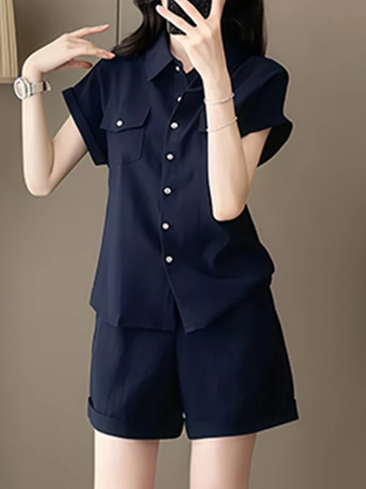 

Summer Slimming irt orts Set Women's Faion Casual Sle Polyester Fiber Anti-Wrinkle Cotton Padded Button up Top