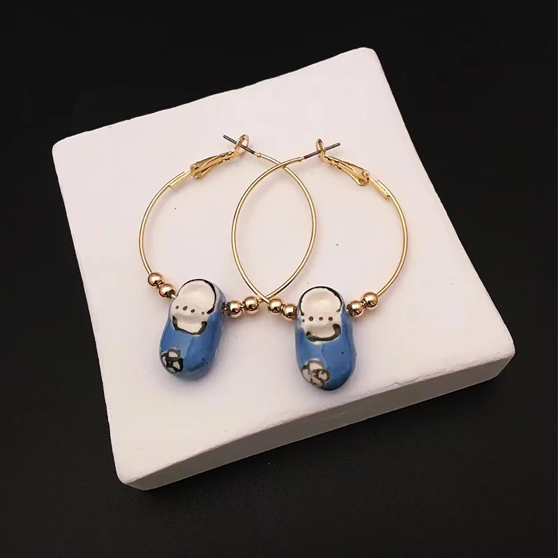 Handmade Ceramic Shoes Design Hoop Earring for Women Luxury Beads Multicolor Enamel Earrings Wholesale