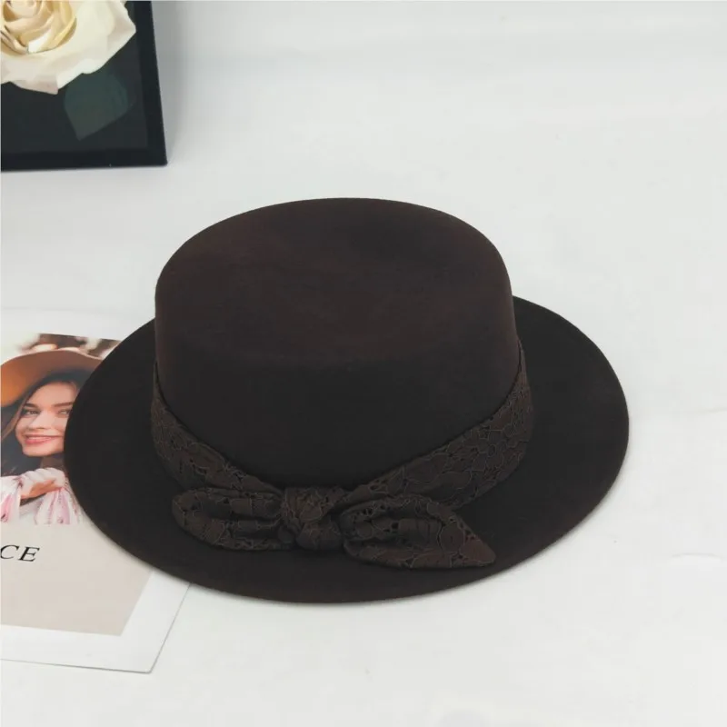 Top hat lady's lace woven felt fashionable and versatile flat-topped