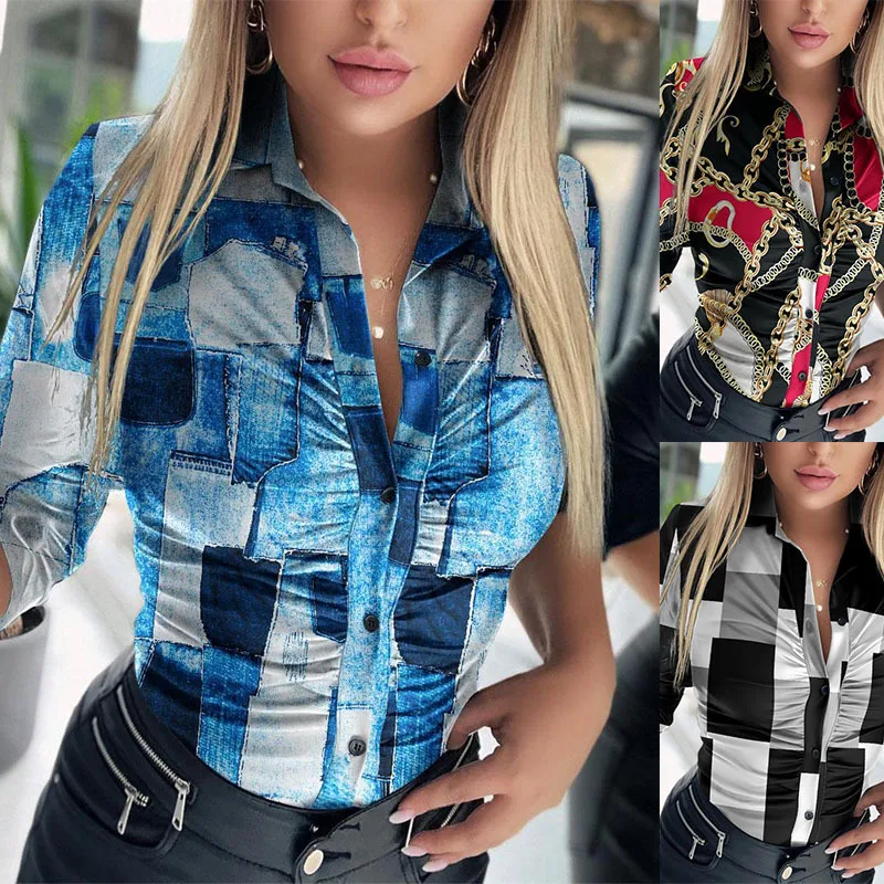

Women's Temporary Shirt 2024 Spring Summer Latest Urban Commuter Long Sleeved Polo Collar Blouses Checkered Printed Button Top