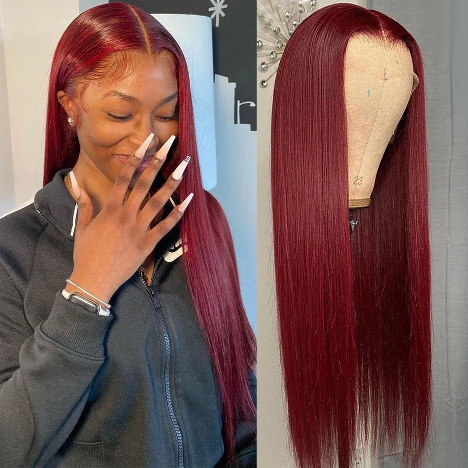 

99J Burgundy 13x4 Colored HD Lace Front Wig Human Hair Wigs PrePlucked Premium Red Peruvian Straight Lace Frontal Human Hair Wig