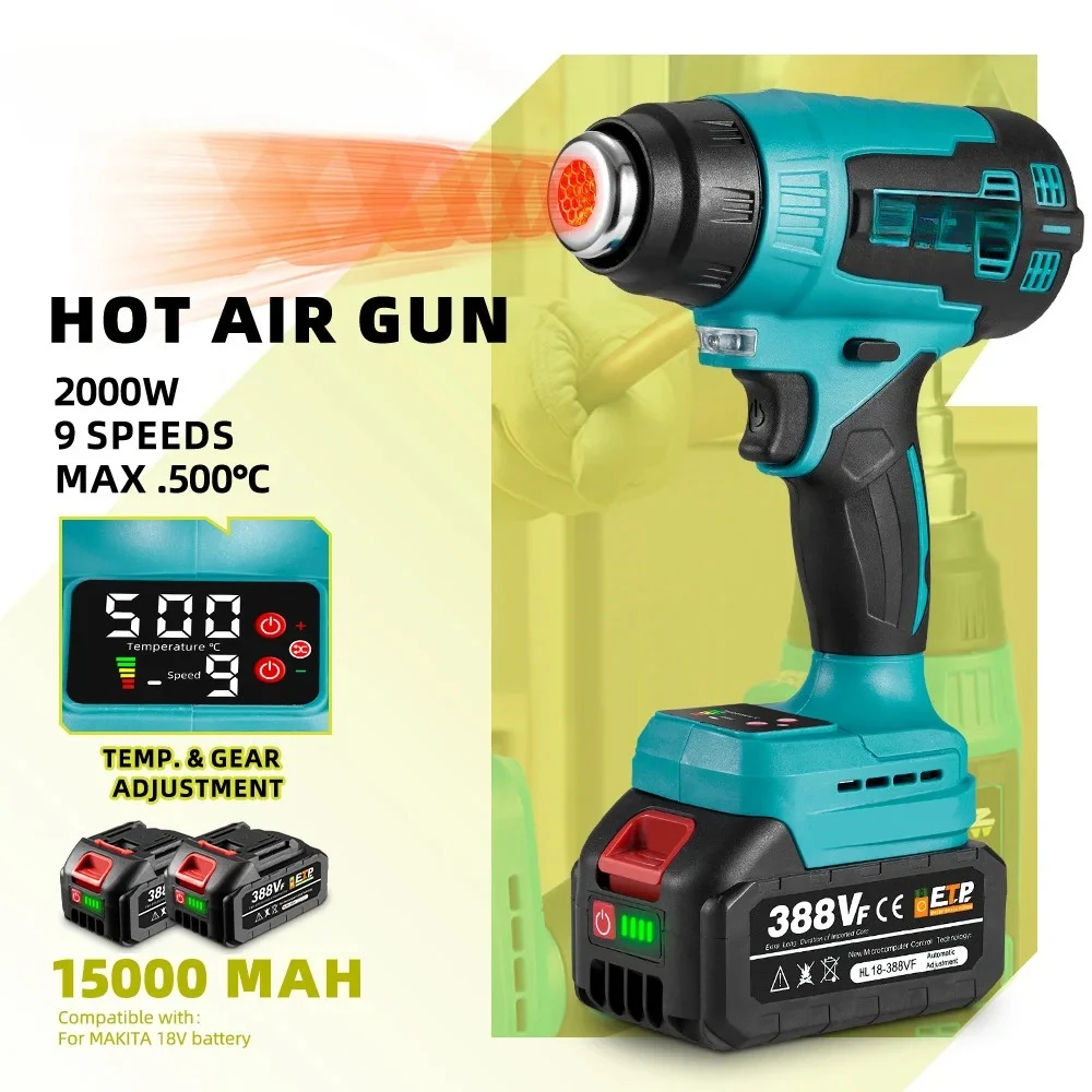 

For NEWBENY 500℃ Cordless Electric Hot Air Gun 9 Gears with LED Display Industrial Household Hair Dryer Tool For 18V Battery