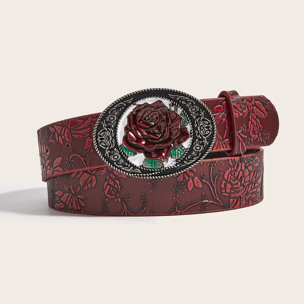 Y2K Western Cowboy Belt Retro Rose Embossed Leather Waist Belt Versatile Vintage Style Fashion Accessory Classic Embossed Strap