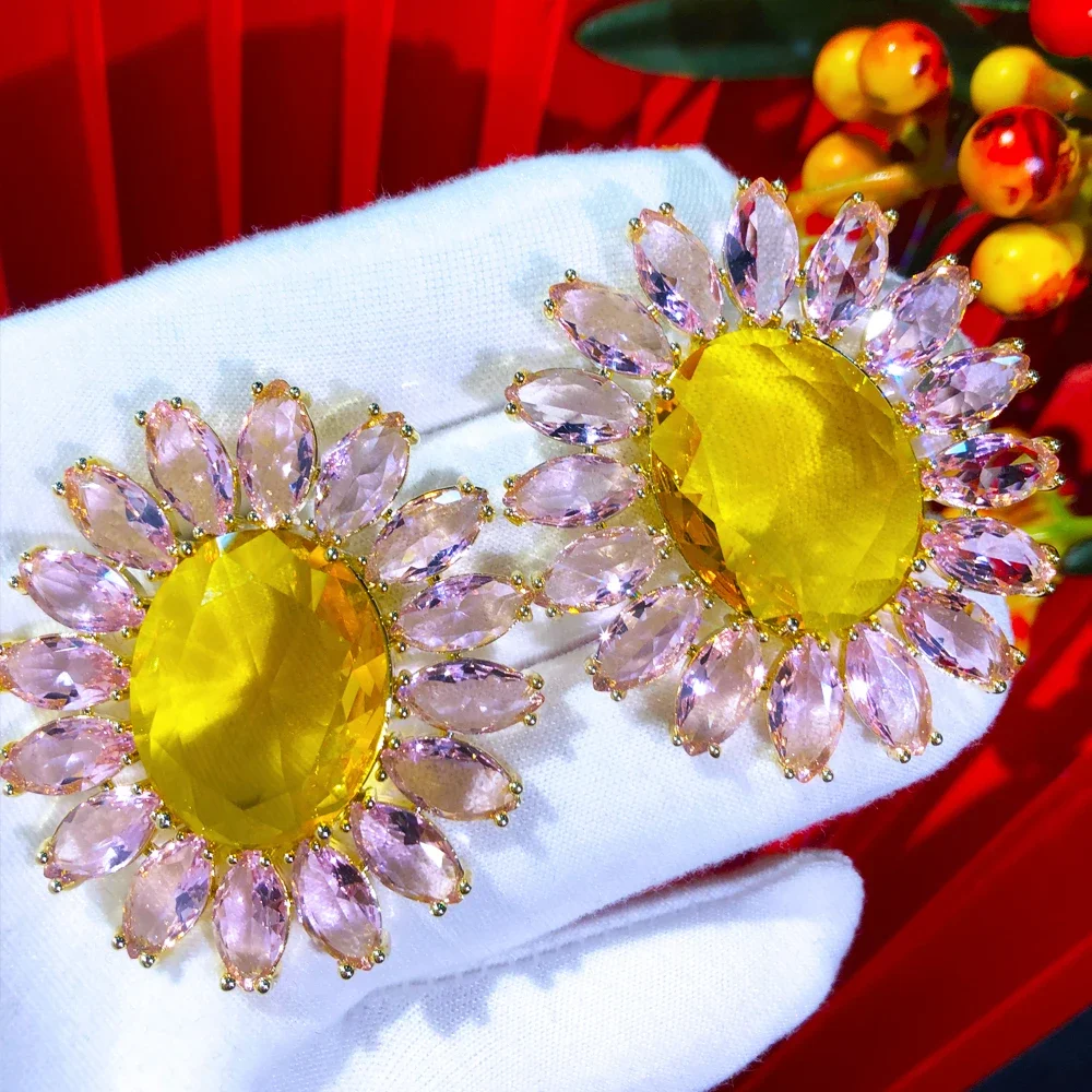 Soramoore Romantic Luxury Big Sun Flower Earrings For Women Bridal Earrings Cute Shiny Flowers Fashion Girl Gift 2024 New Hot