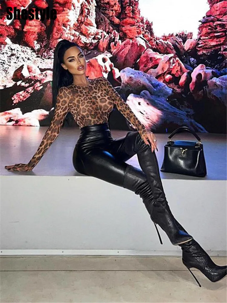 Shestyle Leopard Autumn Sexy Body for Women Brown Basic T-Shirt Elegant Mesh Animal Print Halloween Bodysuit High End Outfit