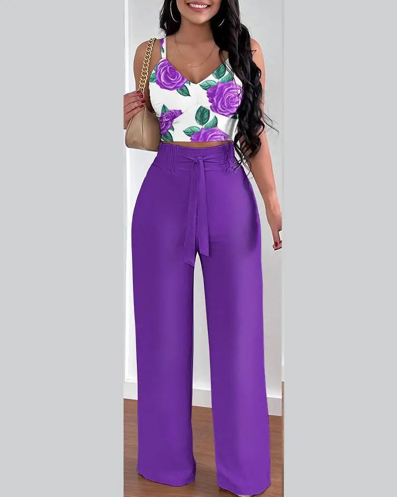 Sexy Sleeveless Off Shoulder Shirt Pants Set Office Lady Casual Floral Print Tops Solid Trousers Two Piece Set Women Outfit 2023