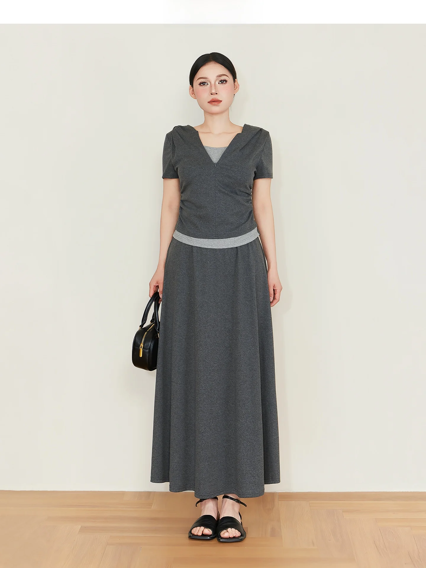 

plus Size Women's Fashion Set Short Sleeve High Waist A-Line Skirt Slimming Effect Casual Korean Style Commute Wear Summer