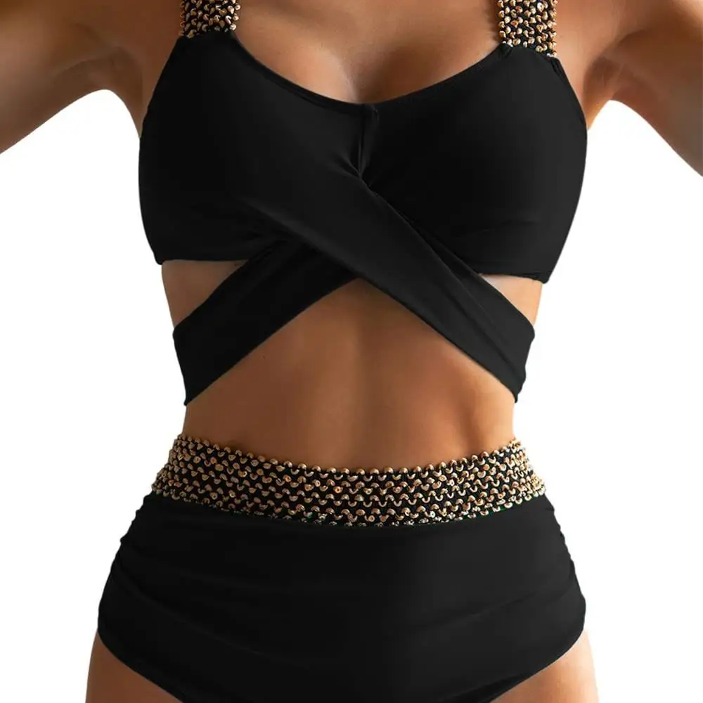 

New High-Waist Bikini Swimsuit Separate Design with Gold Tead Elastic Band Belly Covering Trendy Swimwear for Women