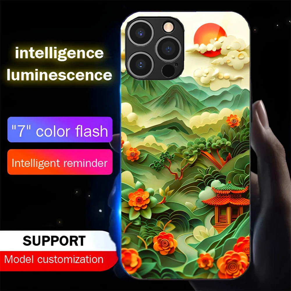 

Paper Sculpture Design Luminous Tempered Glass Phone Case LED Backlight Cover For iPhone 16 E 15 14 13 12 11 Pro Max XR Plus SE