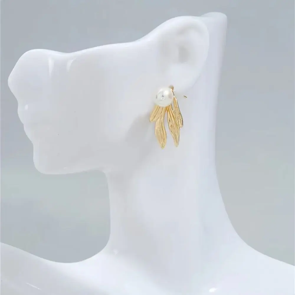 

14K Gold-wrapped Retro Bamboo Leaf-shaped Half-hole Bead Holder Leaf Stud Earrings DIY Sticky Pearl Ear Jewelry Accessories