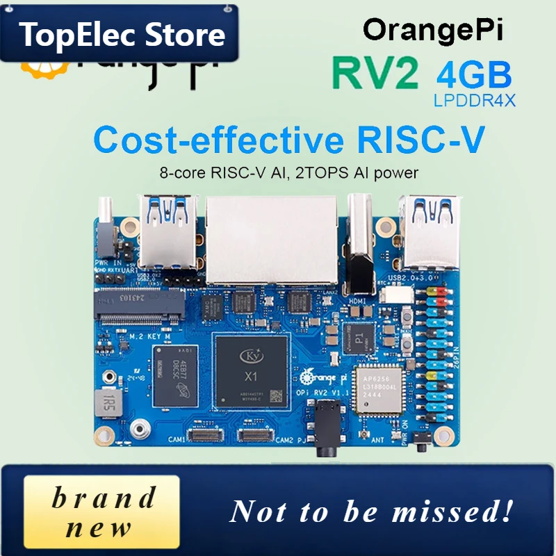 TopElec Orange Pi RV2 4GB RAM Single Board DDR4 8-Core RISC-V WiFi BT5.0 2TOPS AI CPU M2 PCIE SSD BLE Mini PC Support Ubuntu OS