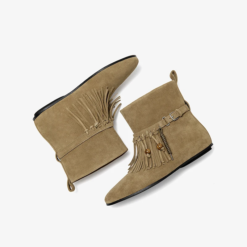 BEAUTODAY Ankle Boots Women Cow Suede Leather Solid Color Tassel Buckle Strap Western Boots Slip-on Ladies Shoes Handmade 03764