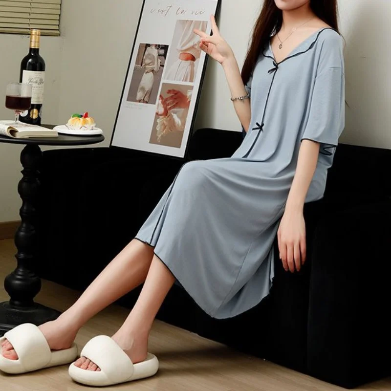 Women Summer One Piece Dress With Bow V-neck Short Sleeve Long Skirt Thin Loose Solid Elastic Soft Free Size Cute NightdressGirl