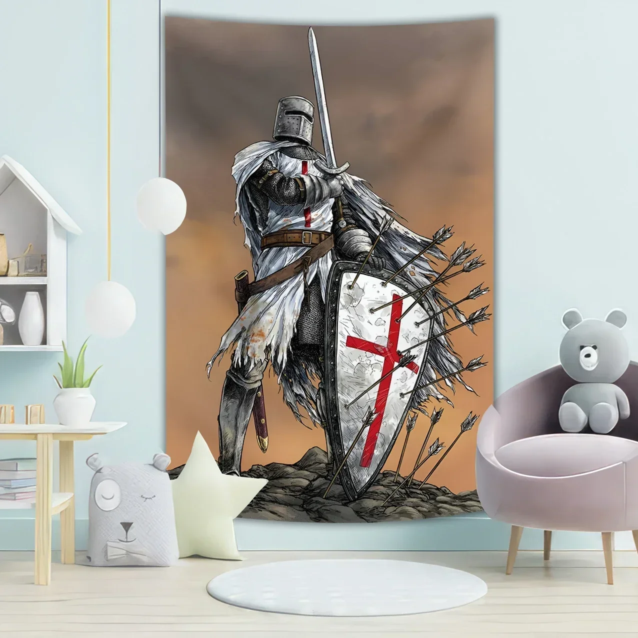 مجموعة نسيج Dark Fantasy Warrior - تصميمات الفارس الملحمي، مثالية لديكور غرفة الألعاب، عمل فني كبير للتعليق على الحائط
