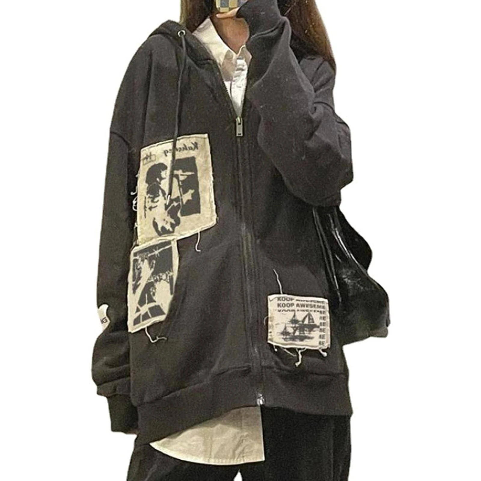 Vintage Graffiti Print Oversized Coats for Wmen Grunge Kawaii E-Girl Aesthetic Long Sleeve Zip Up Hooded Outerwear Streetwear