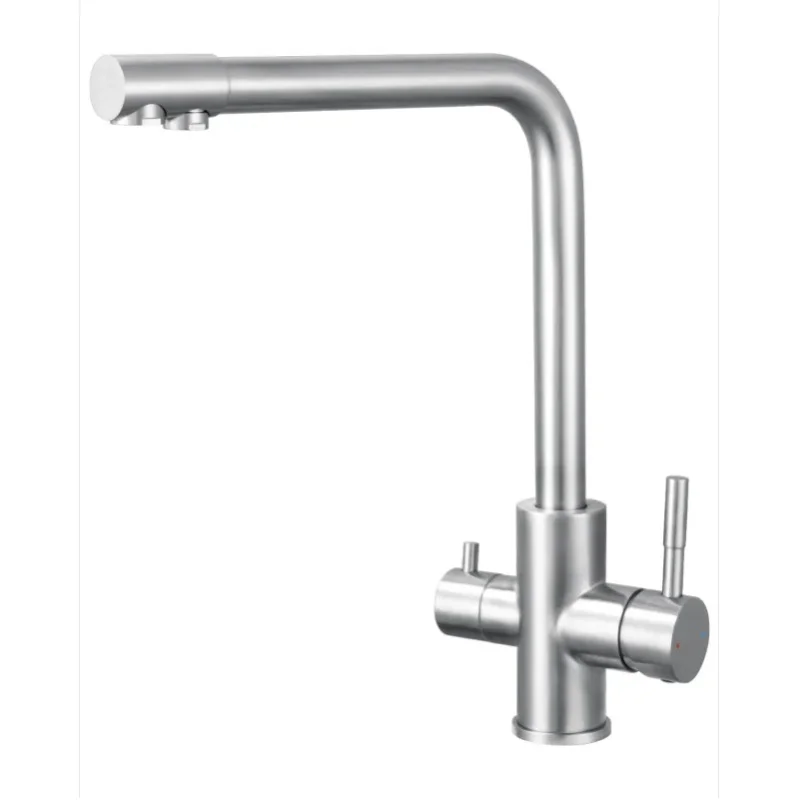 3-Wege-Küchenarmatur mit 2 Griffen – Küchenmischer mit Warm- und Kaltwasser und gereinigtem Wasser – 360° drehbar °   Drehbarer Spülbecken-Wasserhahn – Gebürsteter Edelstahl