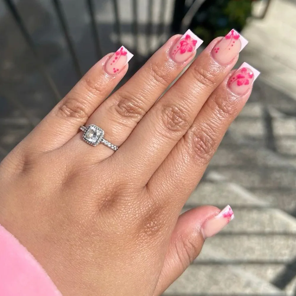 Uñas postizas de punta francesa naranja con diseños, estampado de flores blancas, uñas postizas de cobertura completa de Ballet cuadrado corto, 24 Uds.