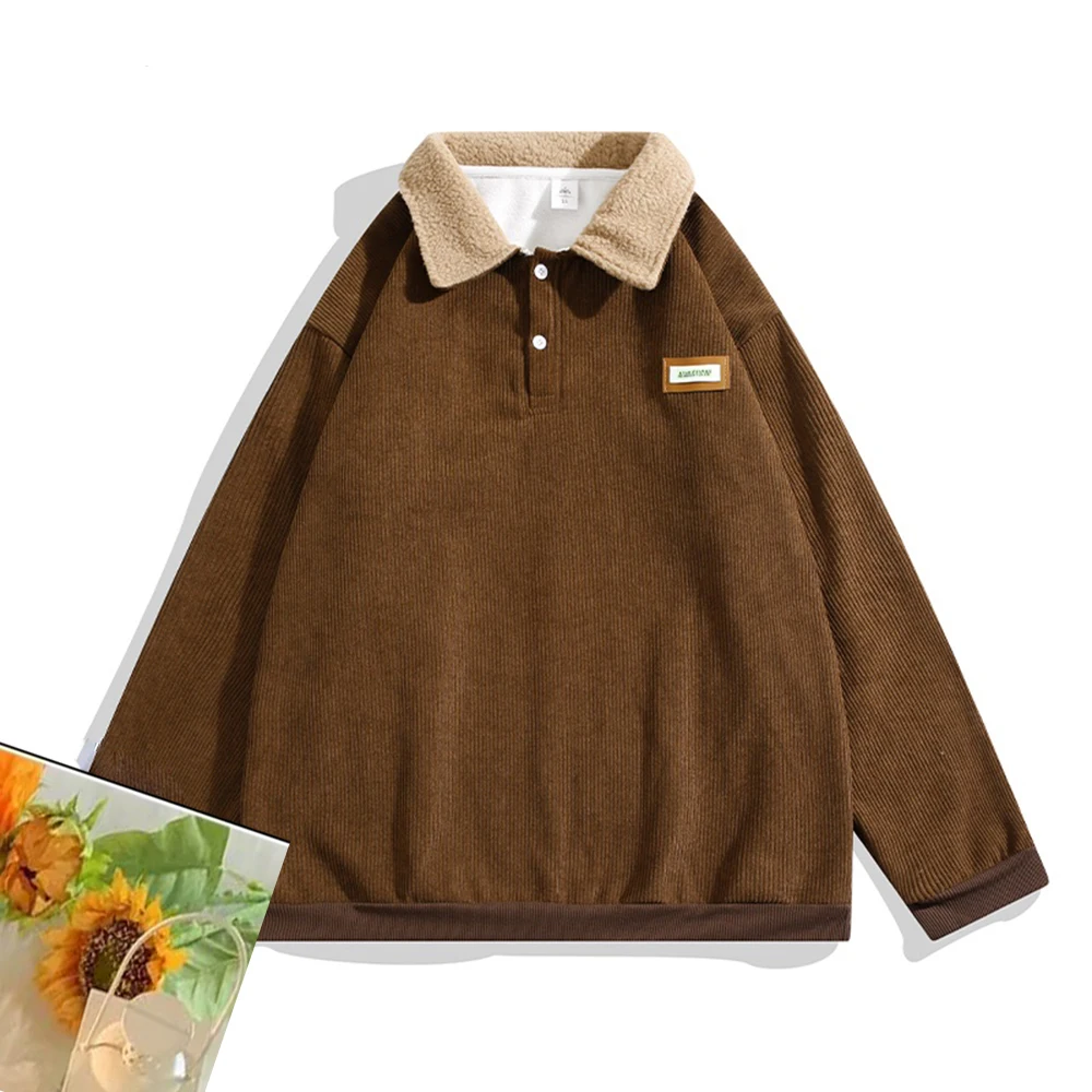

Vintage Harajuku Hoodies Oversized Plus Velvet Thickened Corduroy Button Sweatshirts Korean Fashion Pullover Polo Hoodie