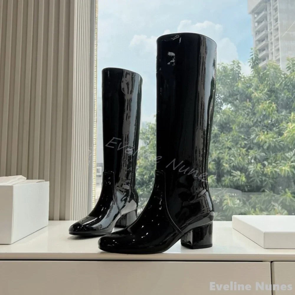 

Black Patent Leather Chunky Heel Knee High Boots Women Round Toe Slip On Retro Biker Boots 2025 New Fashion Design Mid Calf Boot