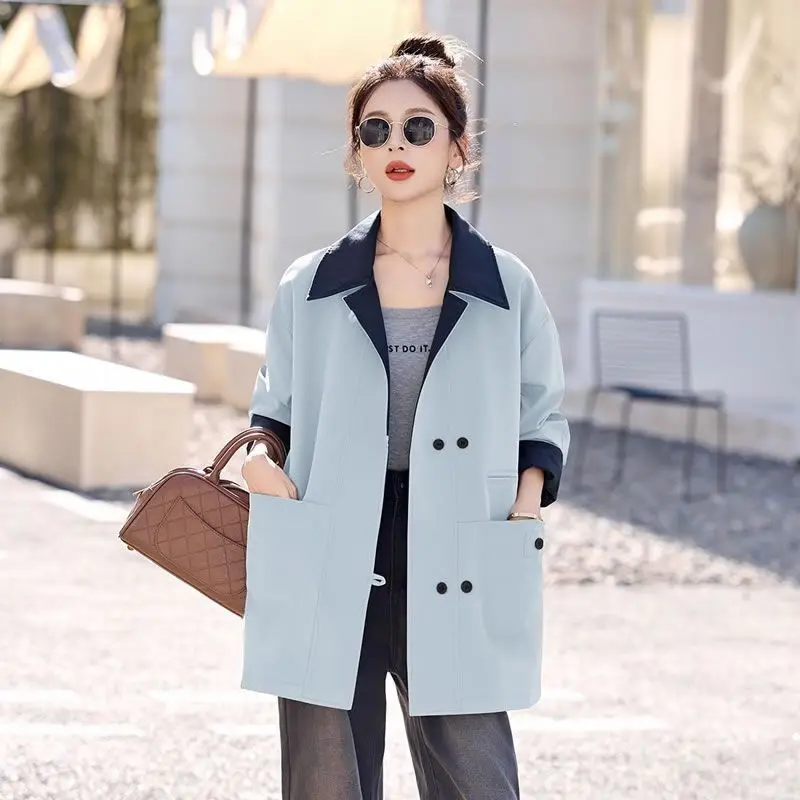 New High-Quality Jacket Female 2027 Spring Autumn Lined Windbreaker Coat Women Long Design Outerwear Contrast Stitching Overcoat