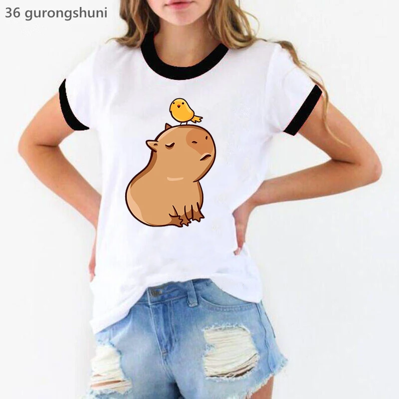 

Capybara Love Bird Cartoon Print Tshirt Women'S Clothing Funny White T Shirt Femme Harajuku Kawaii Summer Tops Tee Shirt Female