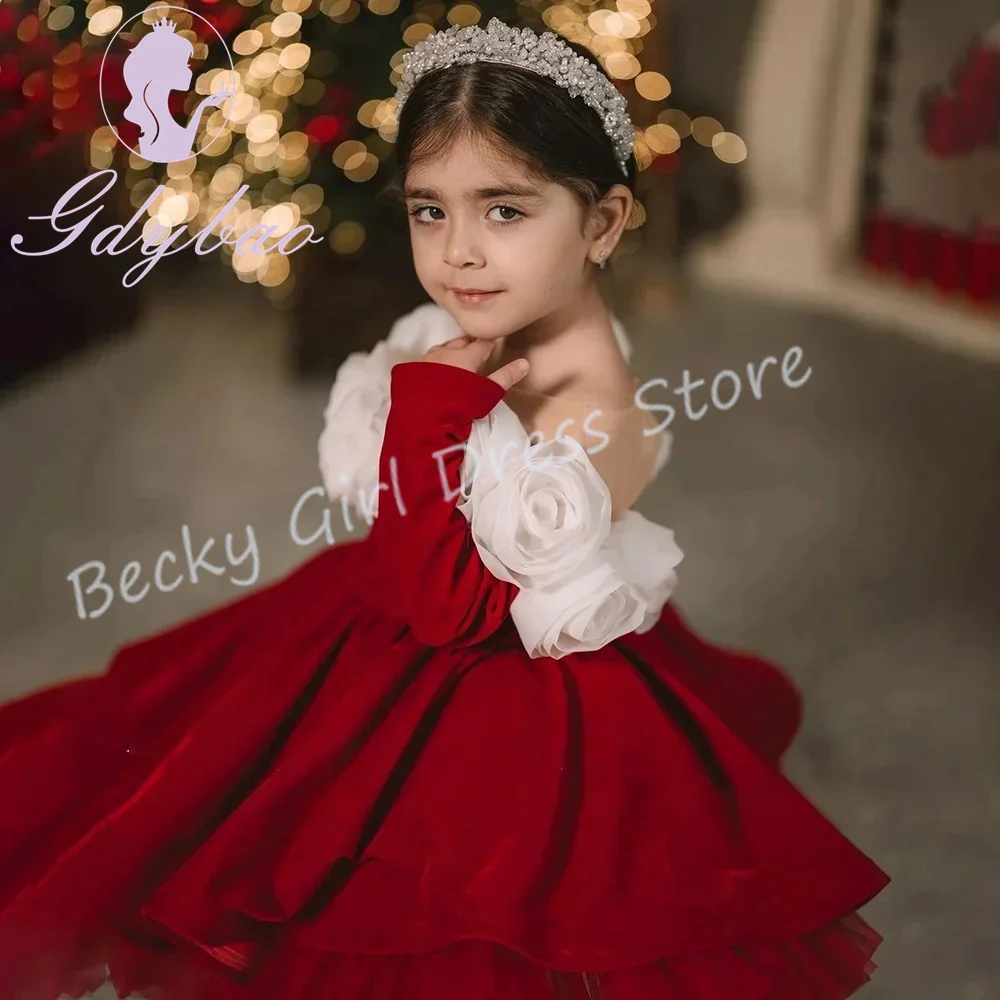 

Customized Red Flower Girl Dresses For Wedding 3D Flowers Puffy Knee Length Little Girl Birthday Party Festival Photo Shoot Gown