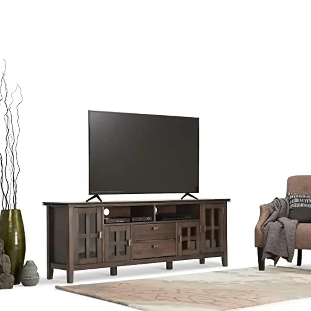 Wide Pine TV Stand with Glass Doors and Drawers Transitional Media Storage 72