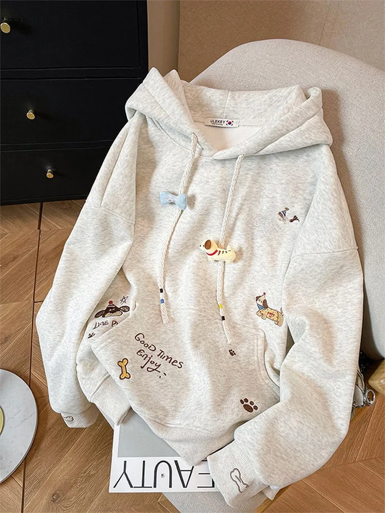 

Утепленная толстовка с вышивкой мультяшной таксы для женщин, осенне-зимняя, больших размеров, повседневная, для пар, с эффектом похудения