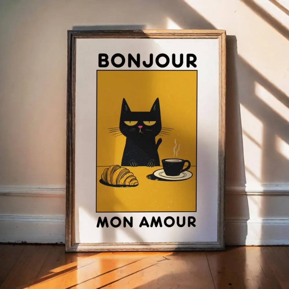 Bonjour Mon Amour, Stroppy Cat Coffee Print, lustiges französisches Café-Poster, süße Küchen-Wandkunst, Kawaii-Dekor, Liebhabergeschenk, Kaffeedekoration
