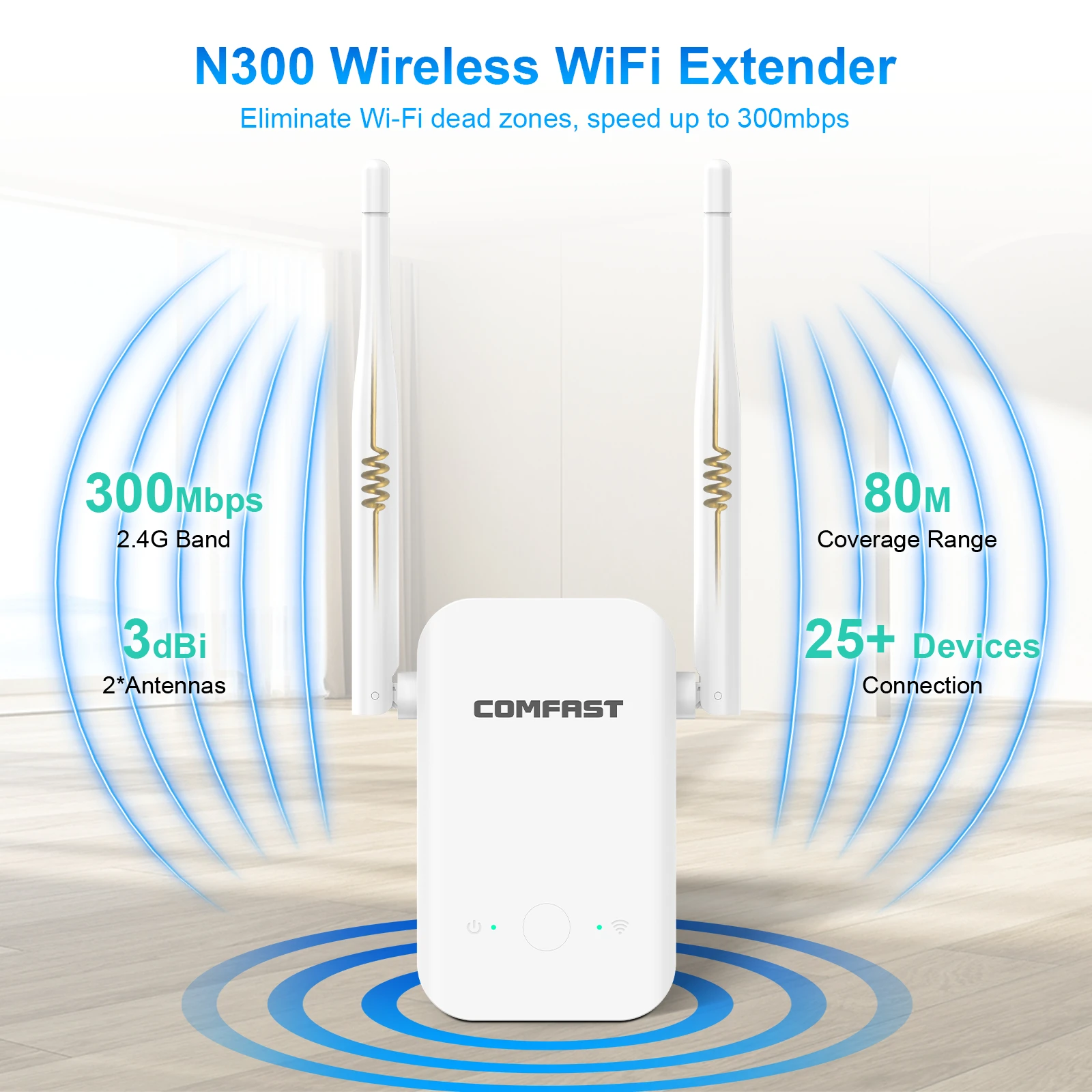 

Беспроводной ретранслятор Comfast WIFI 4 300 Мбит/с, усилитель сигнала Wi-Fi 2,4 ГГц, 2 антенны 3dBi, расширитель Wi-Fi, кнопка WPS/RESET, вилка EU