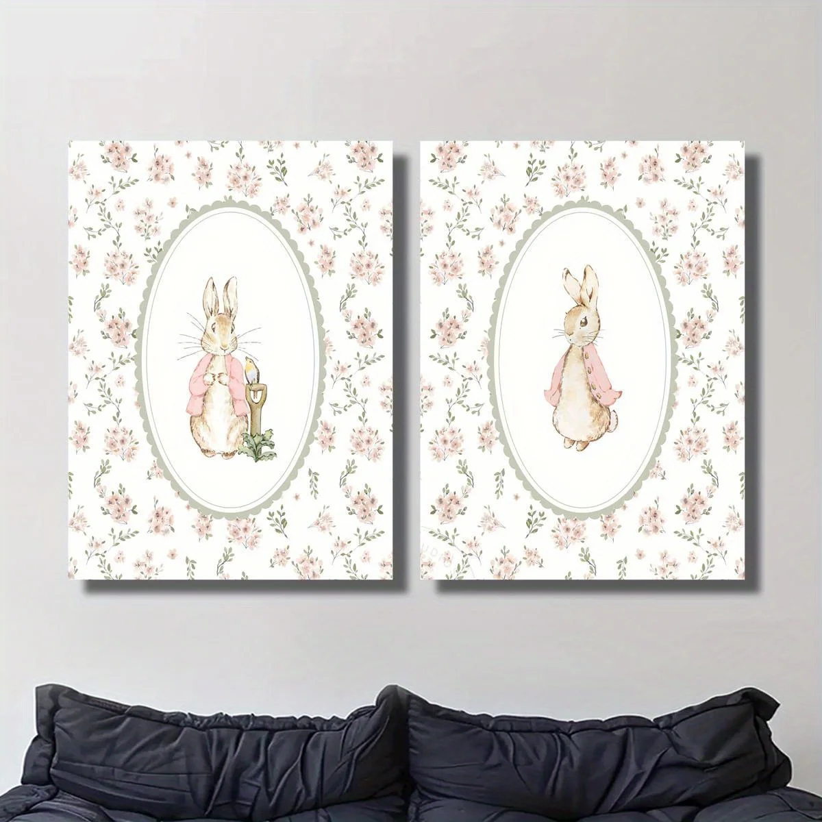 Conjunto de 2 Peças: Arte em Tela Retrô de Coelho da Páscoa, Arte de Parede para Quarto de Meninas com Flores (Sem Moldura), Impressão Vintage de Coel