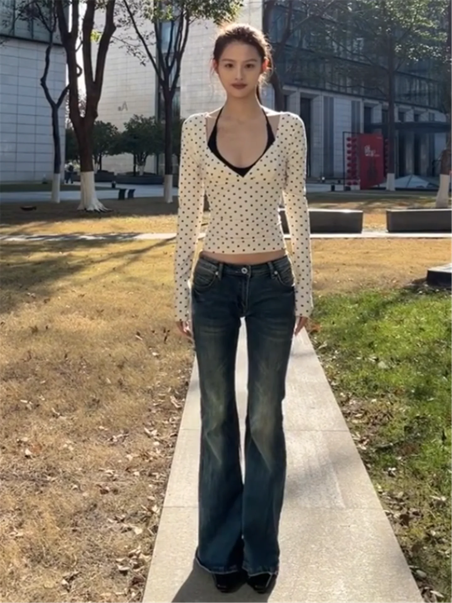 

Retro Blue Bell Bottom Jeans Women's Low Waist Extended Long Tall Slimming Floor Length Bell Pants Casual Cotton Denim