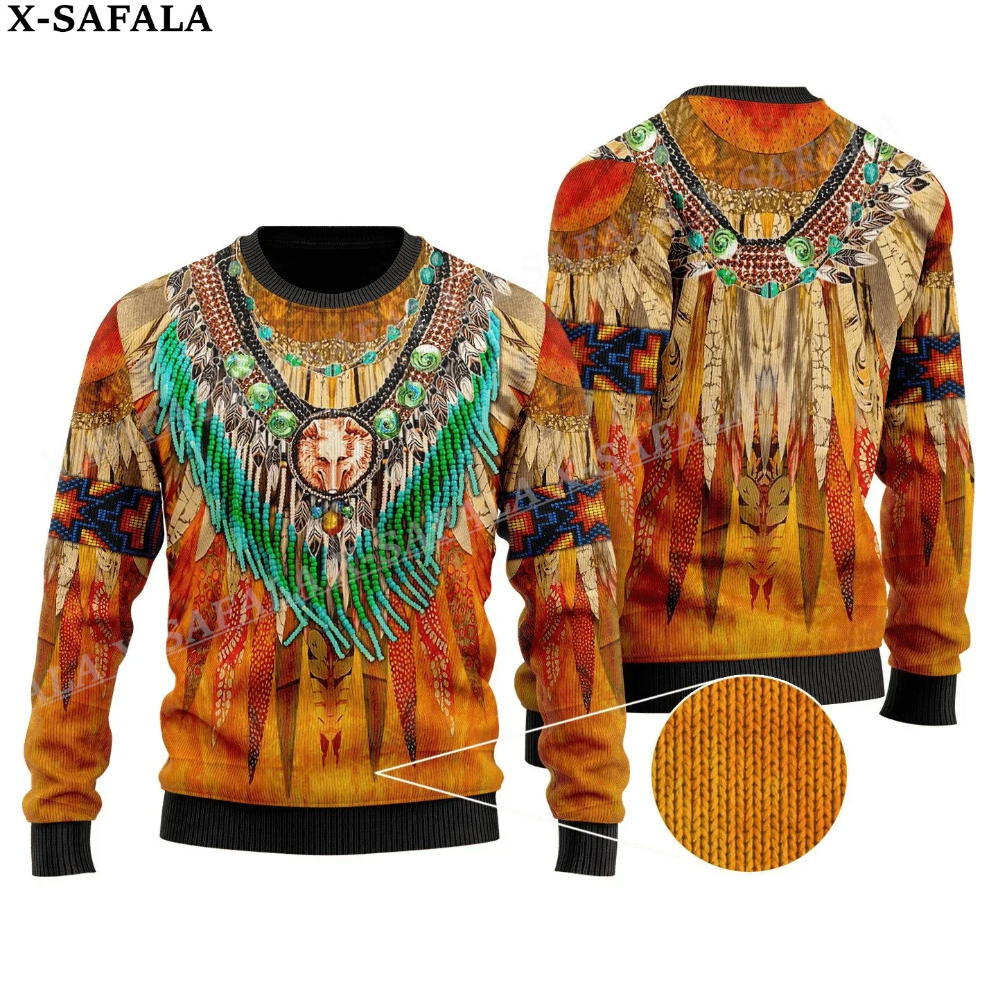 

Feather Native Wolf Pattern Ugly Christmas Knit Sweaters Funny Gift Jumpers Tops Couple Holiday Party Unisex Casual-12