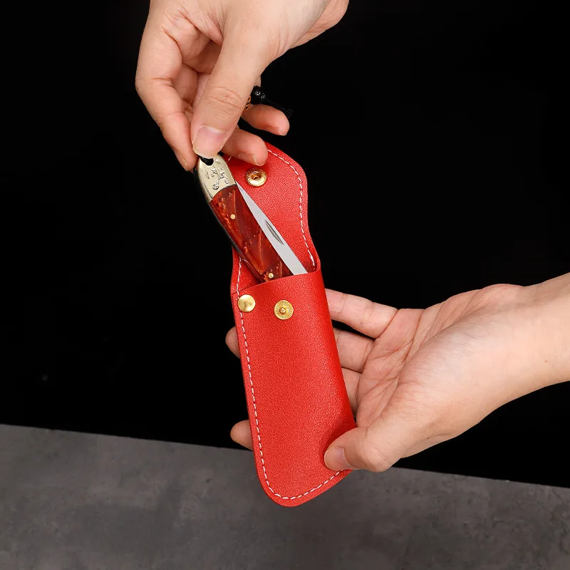 5CR15 Steel Folding Blade Knife Outdoor Camping Brass + Resin Handle Fruit Knife Survival Self Defense Tool With Leather Bag