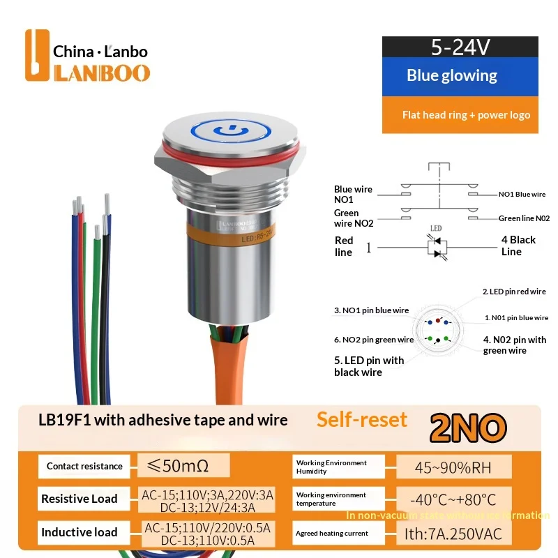 LANBOO F1 serie 19mm miniatuur waterdichte epoxy-geïsoleerde IP67 verlichte drukknop, vergelijkbaar met Bole-stijl