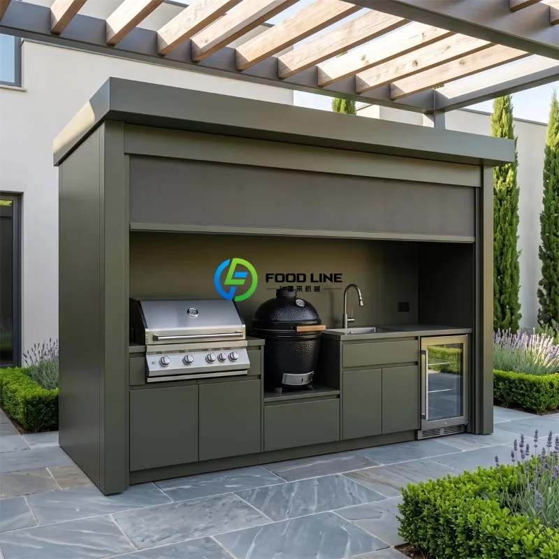 European stainless steel outdoor kitchen cabin fire cold shutter outdoor kitchen barbecue cabin with refrigerator