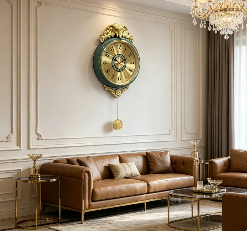 Luxury Elephant Brass Pendulum Clock European Retro Green Silent Wall Clock  Living Room Dining Room Decoration