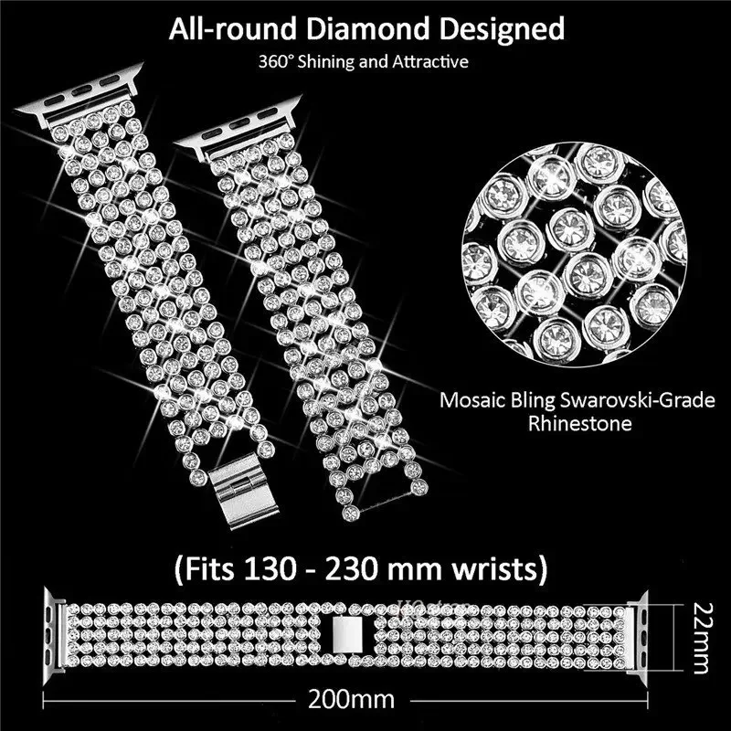 Pulsera de diamante para Apple Watch, correa de Metal para Apple Watch 6, 5, 4, 7, 8, SE, 40mm, 42mm, 44mm, 38mm, 45mm, 41mm, 49mm