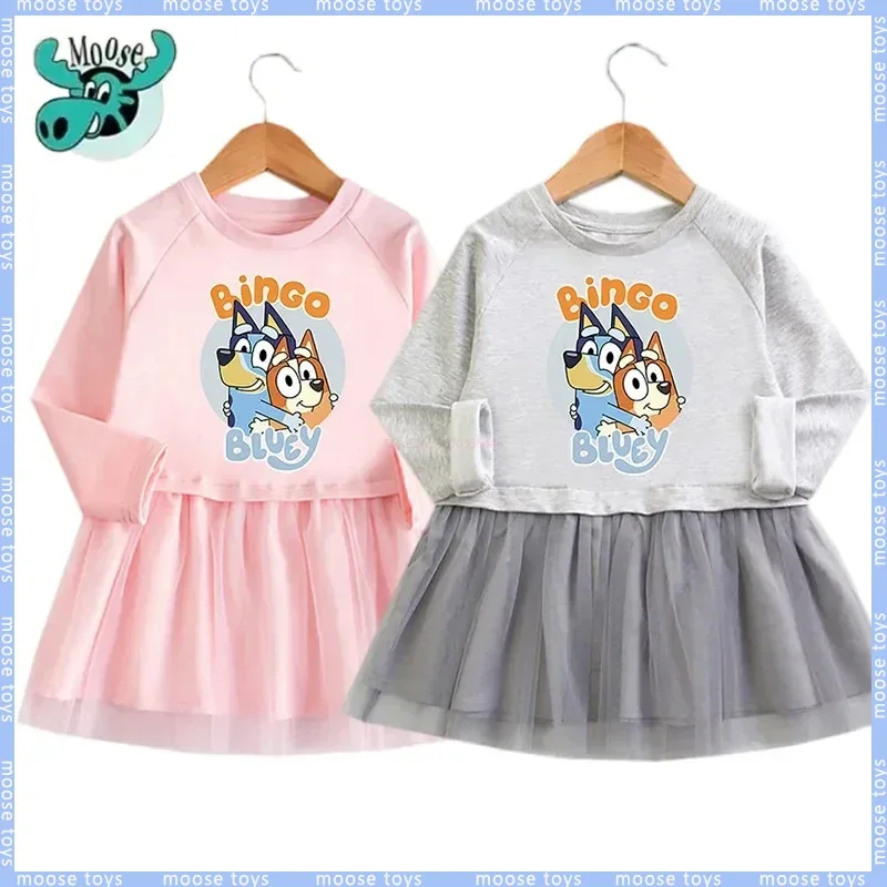 Bluey Printed Mesh Long Sleeved Dress Cartoon Cotton Pink Gray Skirt Girl Spring Autumn Suit Stitching Mesh Home Skirt Girl Gift