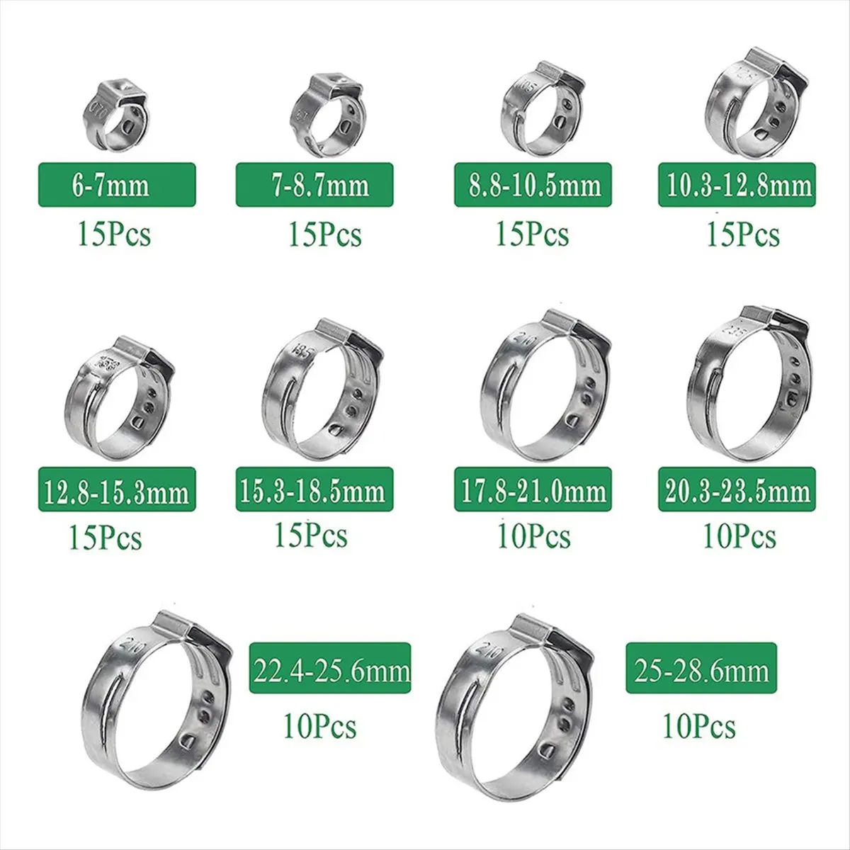 131PCS Single Ear Hose Clamps, Stainless Steel PEX Clamps, Stepless Clamps for Pipe Fittings, Compression Ring Clamps-A28R