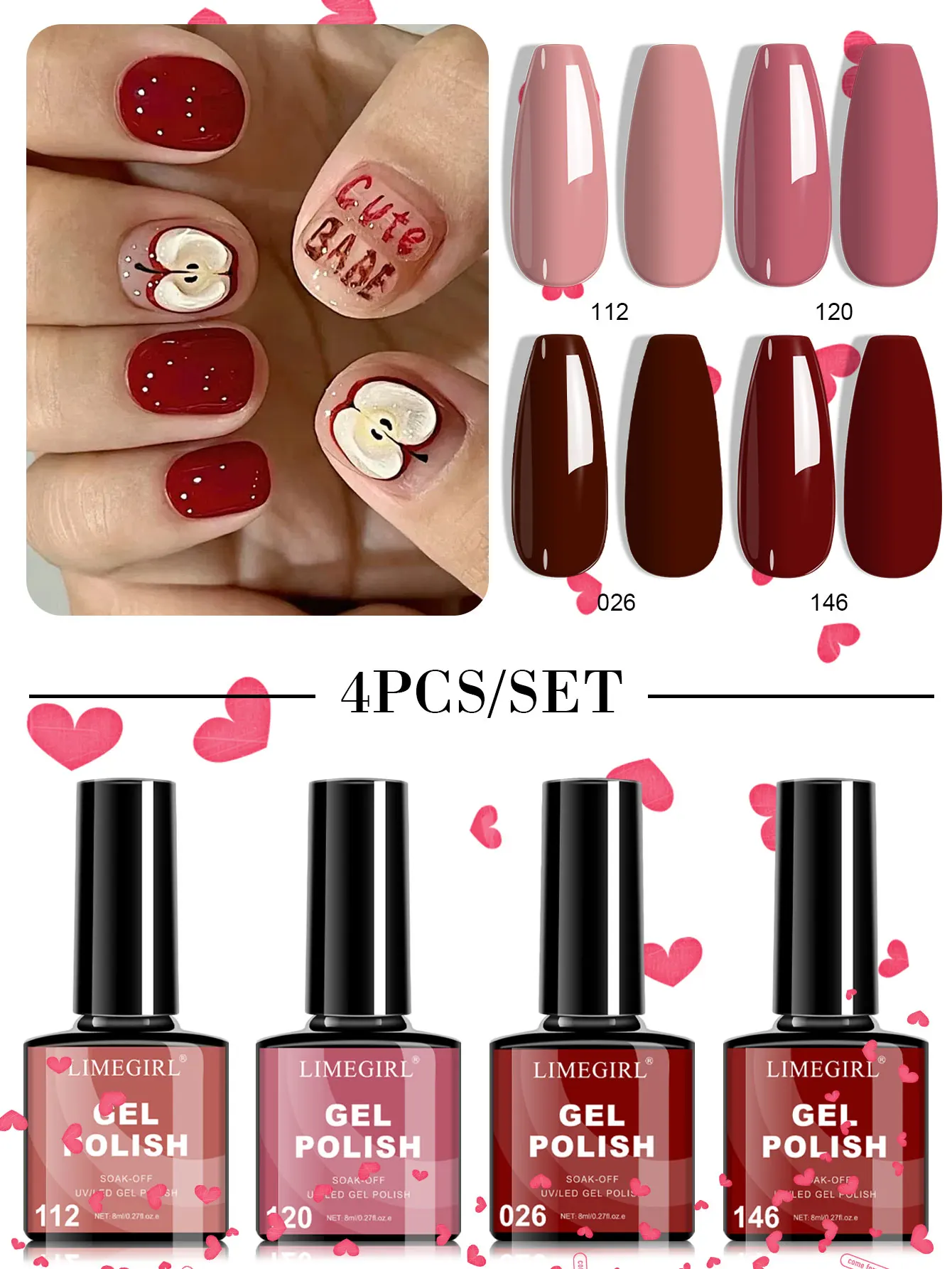 LIMEGIRL 4Pcs/Set Gel Nail Polish Red Brown Colors Semi Permanent UV Gel Soak Off UV LED  Nail Gel Polish Kits