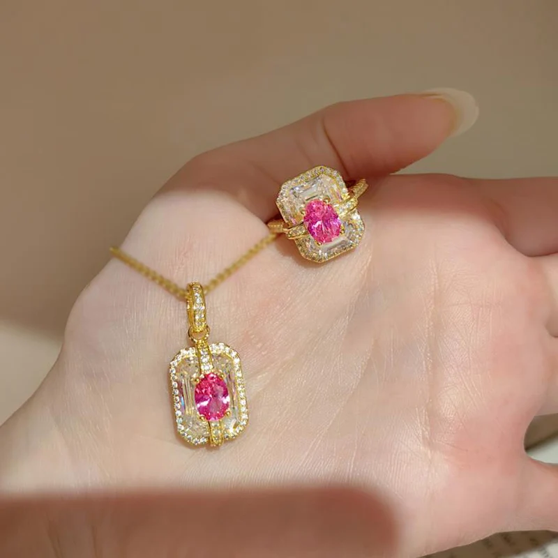 Retro Dove Blood Red Corundum Necklace Princess Square Zircon Ring for Women Elegant Jewelry Set KOFSAC