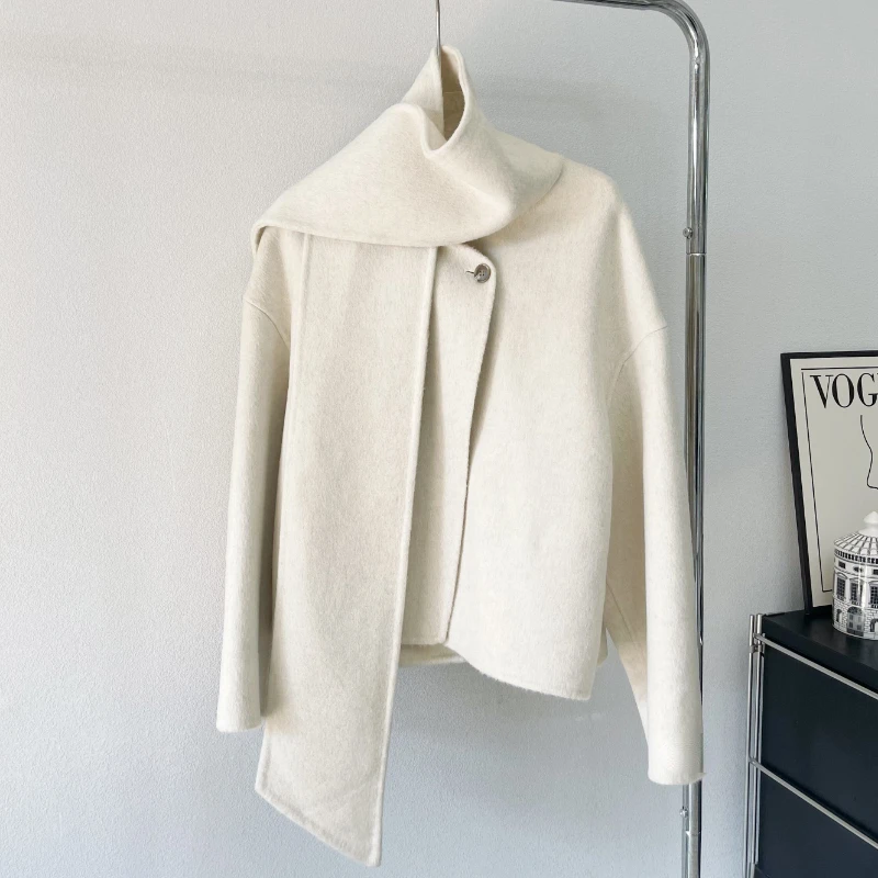 Oat-colored Double-faced Cashmere Wool Blended Coat Women\'s Scarf Wool Fabric Casual Fashion Loose French Dark Grey Short Coat