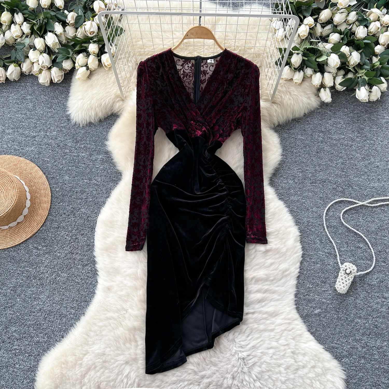 

Women Mid Length Dress Sexy Dresses Slim Fit Vestidos Full Sleeve V Neck Print Elegant Splice Y2k Streetwear Party Night 2025