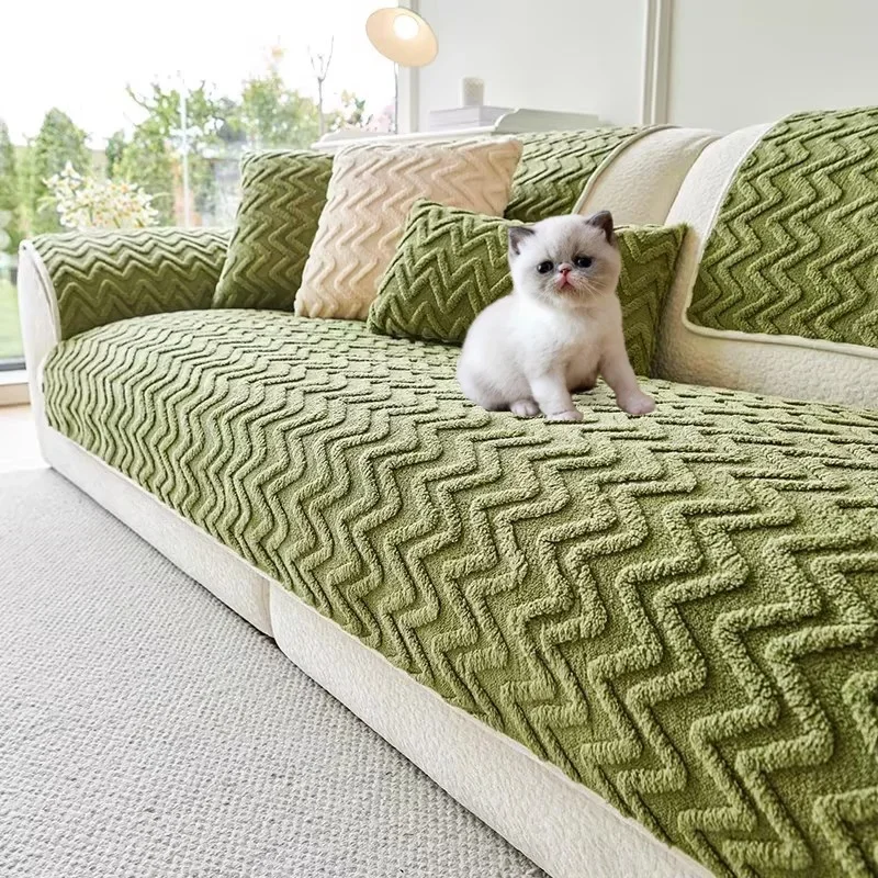 1PC Wave Stripe Plush Sofa Mat Cushion Anti-slip Thicken Sofa Mat Towel Solid Color Corner Couch Slipcover for Living Room Decor